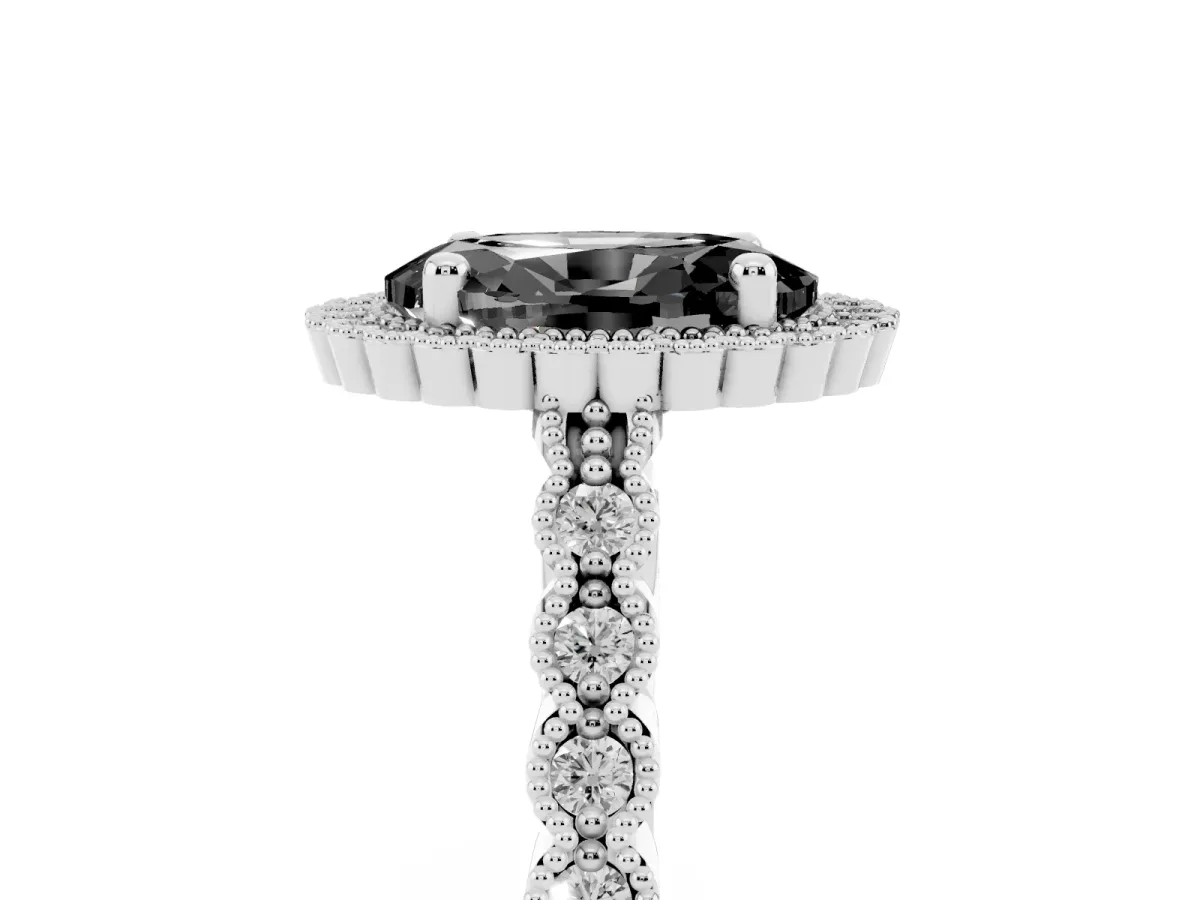 Fancy Black Oval Cut Cut Halo Pavé Solitaire Ring with Milgrain Band Silver