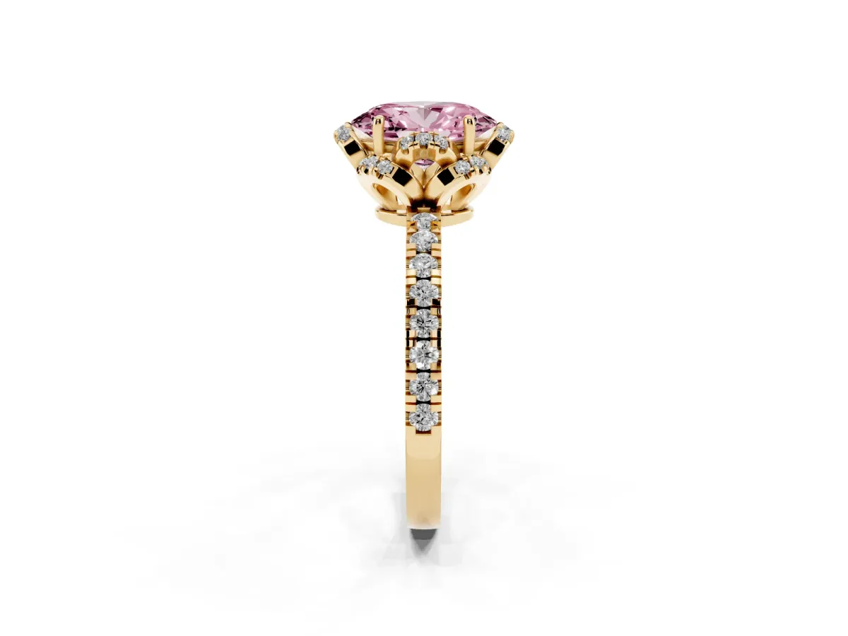 Fancy Pink Oval Cut Halo Diamond Pave Band Ring with Four-Prong Setting Yellow gold