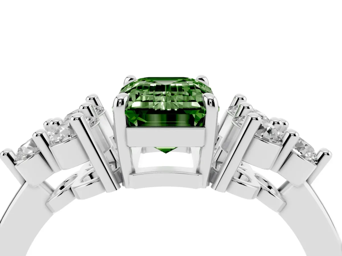 Fancy Green Emerald Cut Brilliant Diamond Cluster Accent Solitaire Ring with Prong Setting Platinum