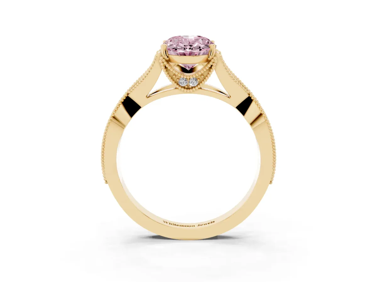 Fancy Pink Oval Cut Cut Diamond Twisted Band with Milgrain Pave Setting and Four-Prong Setting Yellow gold