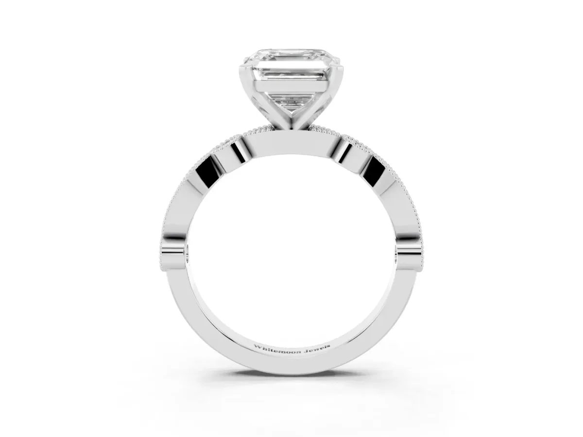 Asscher Cut Milgrain Bezel Diamond Engagement Ring with Solitaire Prong Setting Silver