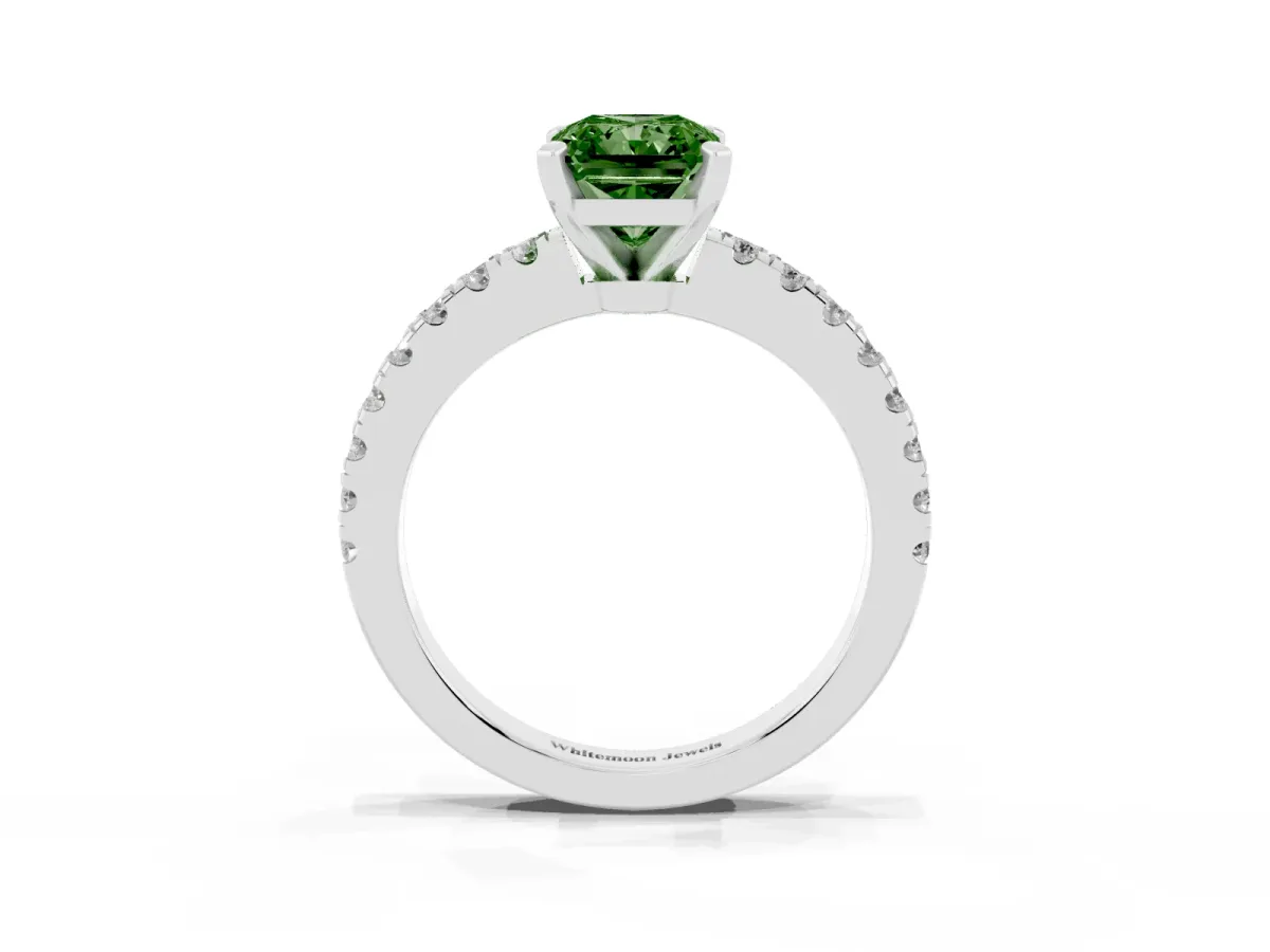 Fancy Green Radiant Cut Solitaire Diamond with Pavé Band and Four-Prong Setting White gold