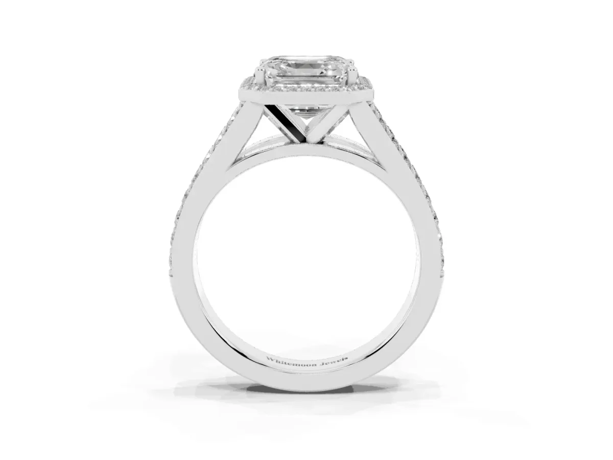 Asscher Cut Diamond Split Shank Halo Ring with Four-Prong Setting Silver