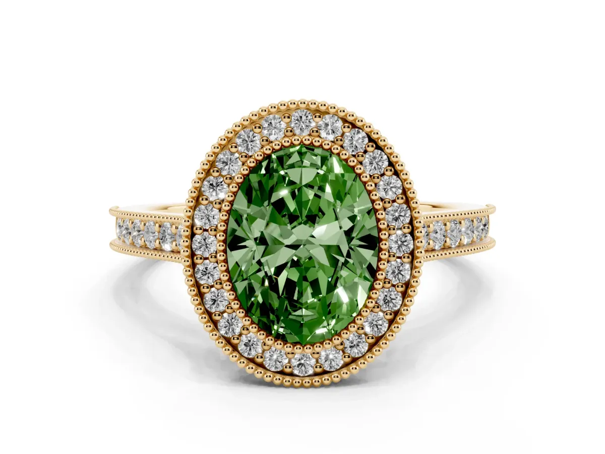 Fancy Green Halo Oval Cut-Cut Diamond Pave Band Milgrain Prong Setting Ring Yellow gold