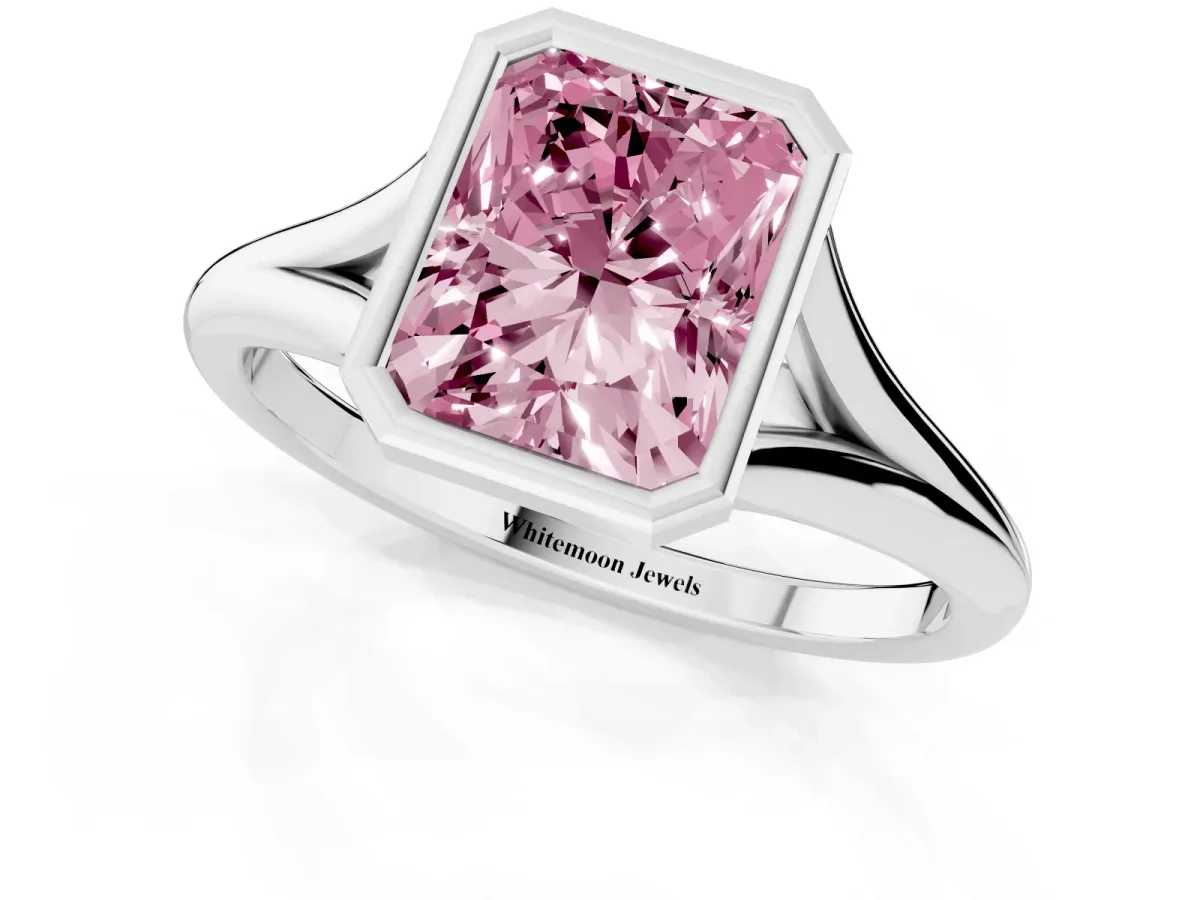 Fancy Pink Bezel Set Radiant Cut Cut Solitaire Ring with Tapered Band Silver