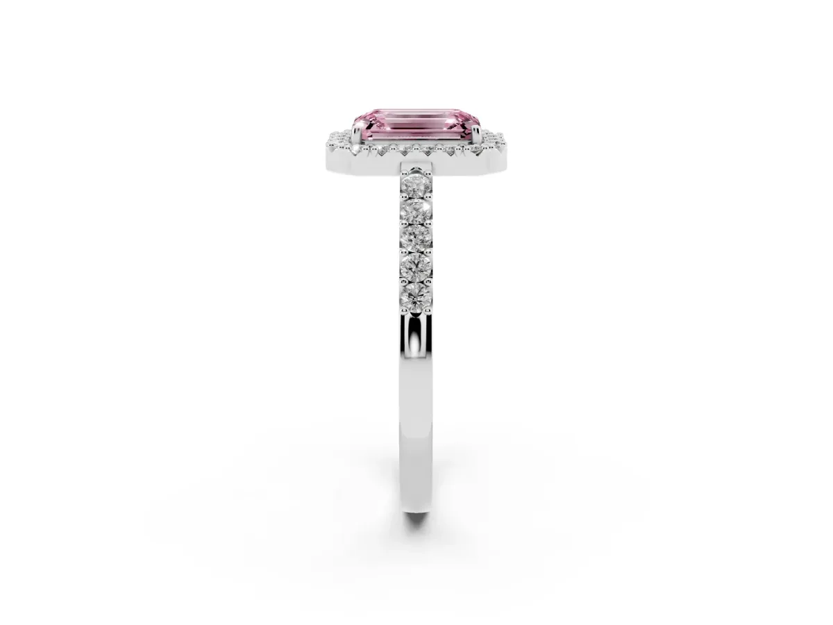 Fancy Pink Emerald Cut Halo Diamond Pavé Solitaire Ring Platinum