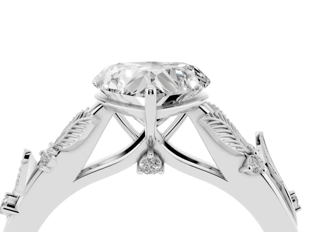 Heart Cut Diamond Solitaire Ring with Leaf Motif Band and Four-Prong Setting Silver