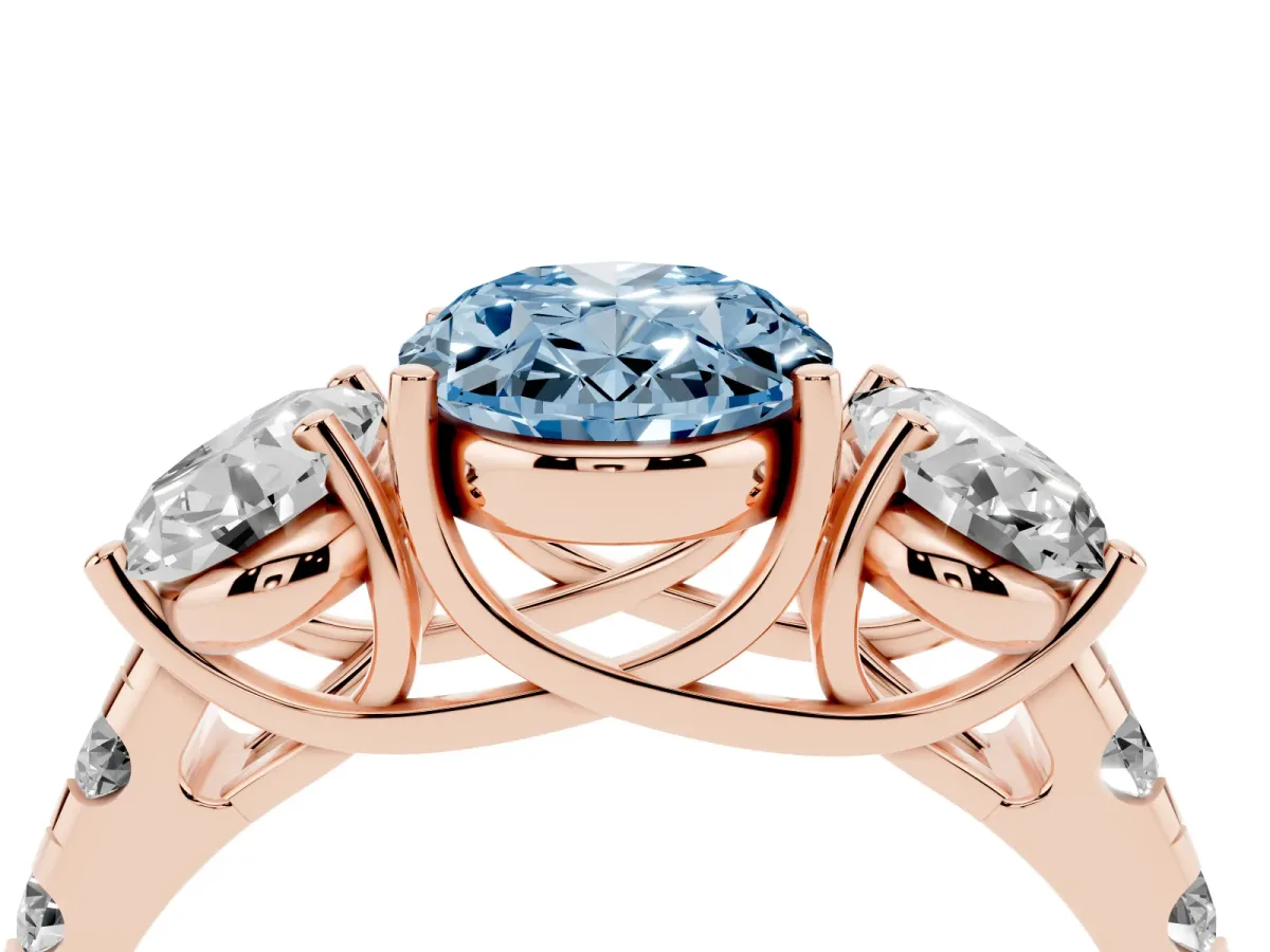 Fancy Blue Three-Stone Oval Cut Diamond Pavé Band with Prong Setting Rose gold