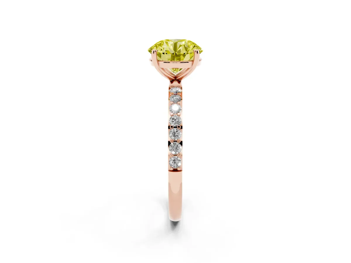 Fancy Yellow Round Cut Diamond Solitaire Ring with Round Pavé Shoulders and Prong Setting Rose gold