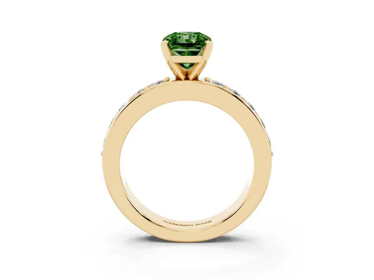 Fancy Green Radiant Cut Diamond Engagement Ring with Channel Set Round Band and Prong Setting Yellow gold