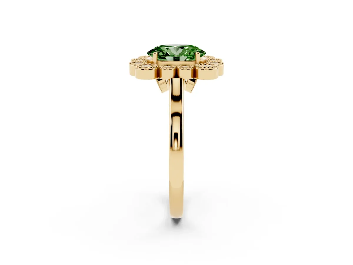 Fancy Green Oval Cut Halo Diamond Cluster Engagement Ring with Milgrain Bezel Setting and Solitaire Band Yellow gold