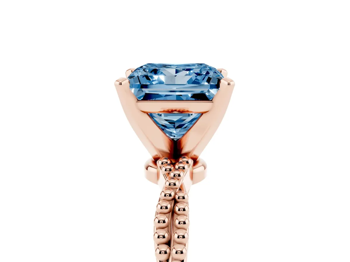 Fancy Blue Princess Cut Solitaire Twisted Band with Bead Prong Setting Rose gold