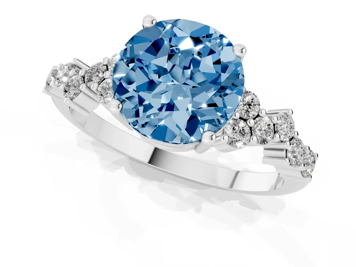 Fancy Blue Round Cut Diamond Scattered Round Accent Ring with Prong Setting Silver