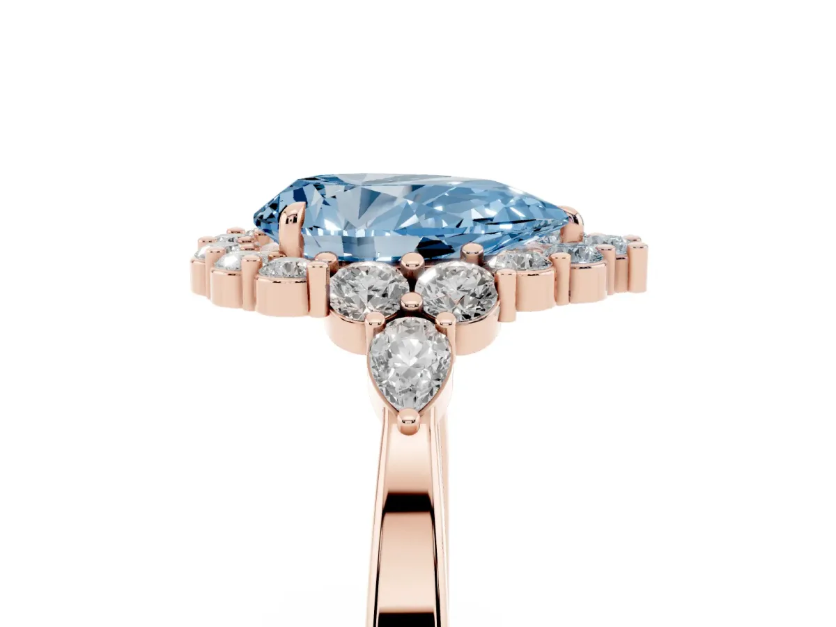 Fancy Blue Pear Cut Diamond Halo Ring with Pear Side Stones and Prong Setting Rose gold