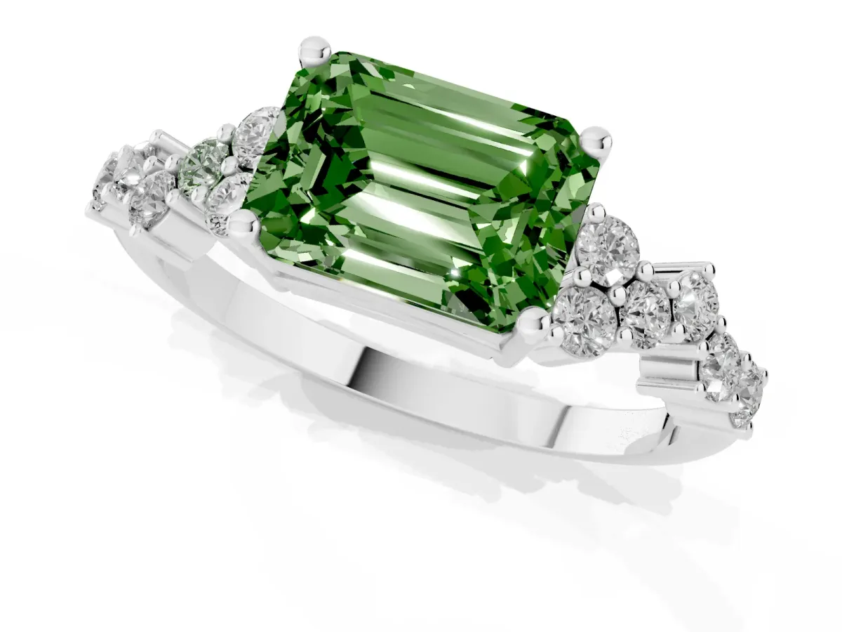 Fancy Green Emerald Cut Diamond Scattered Round Accent Ring with Prong Setting Silver