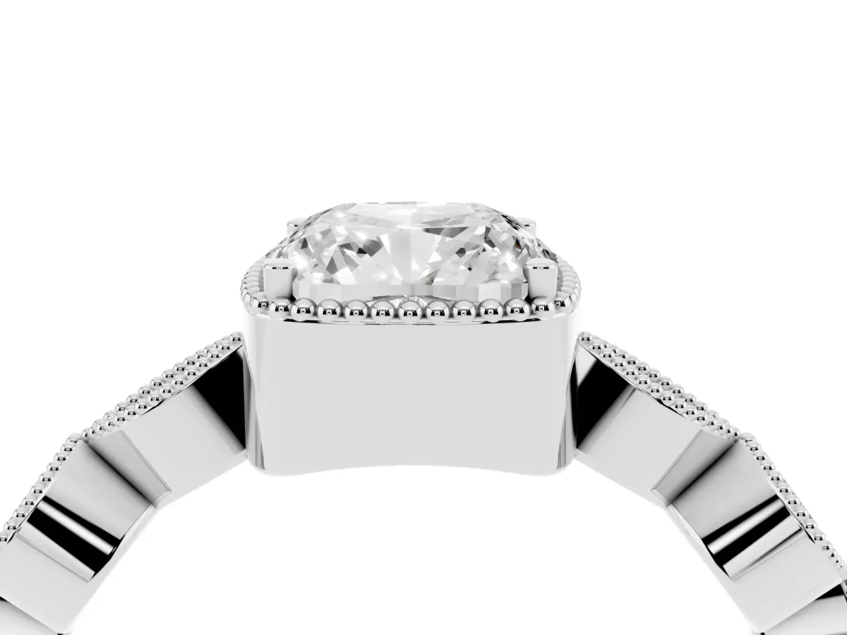 Cushion Cut Diamond Vintage Milgrain Ring with Round Stations Platinum