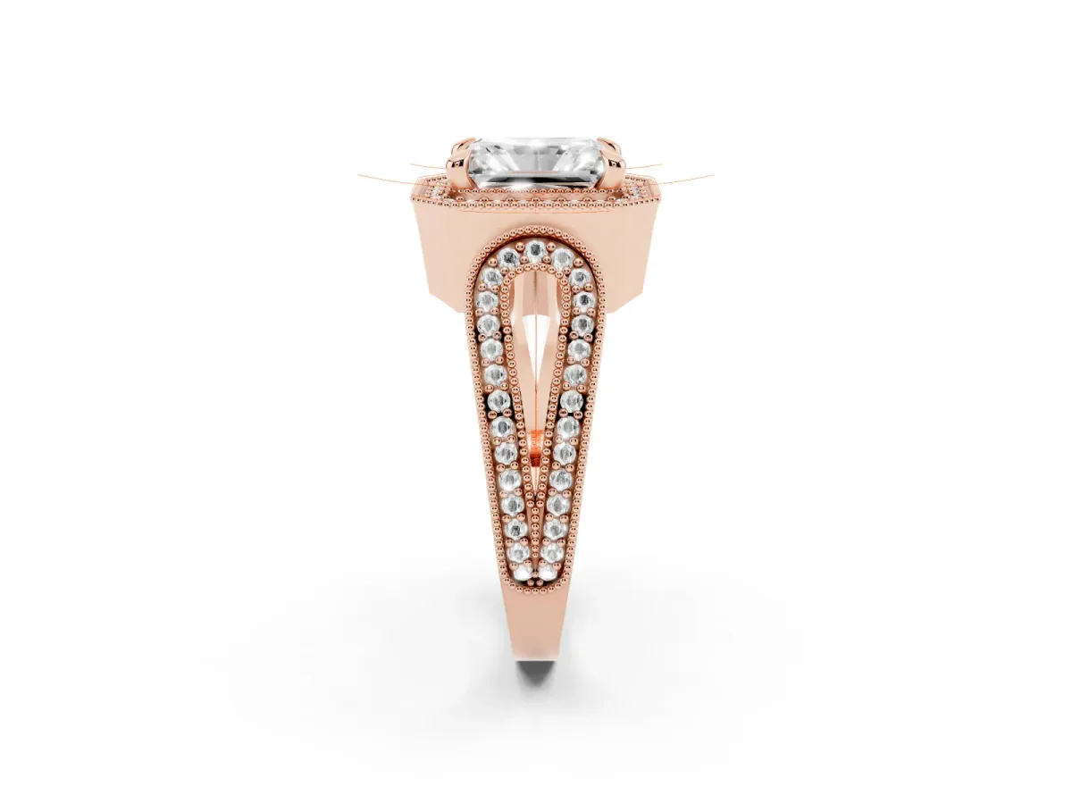 Radiant Cut Halo Split Shank Milgrain Diamond Ring Rose gold