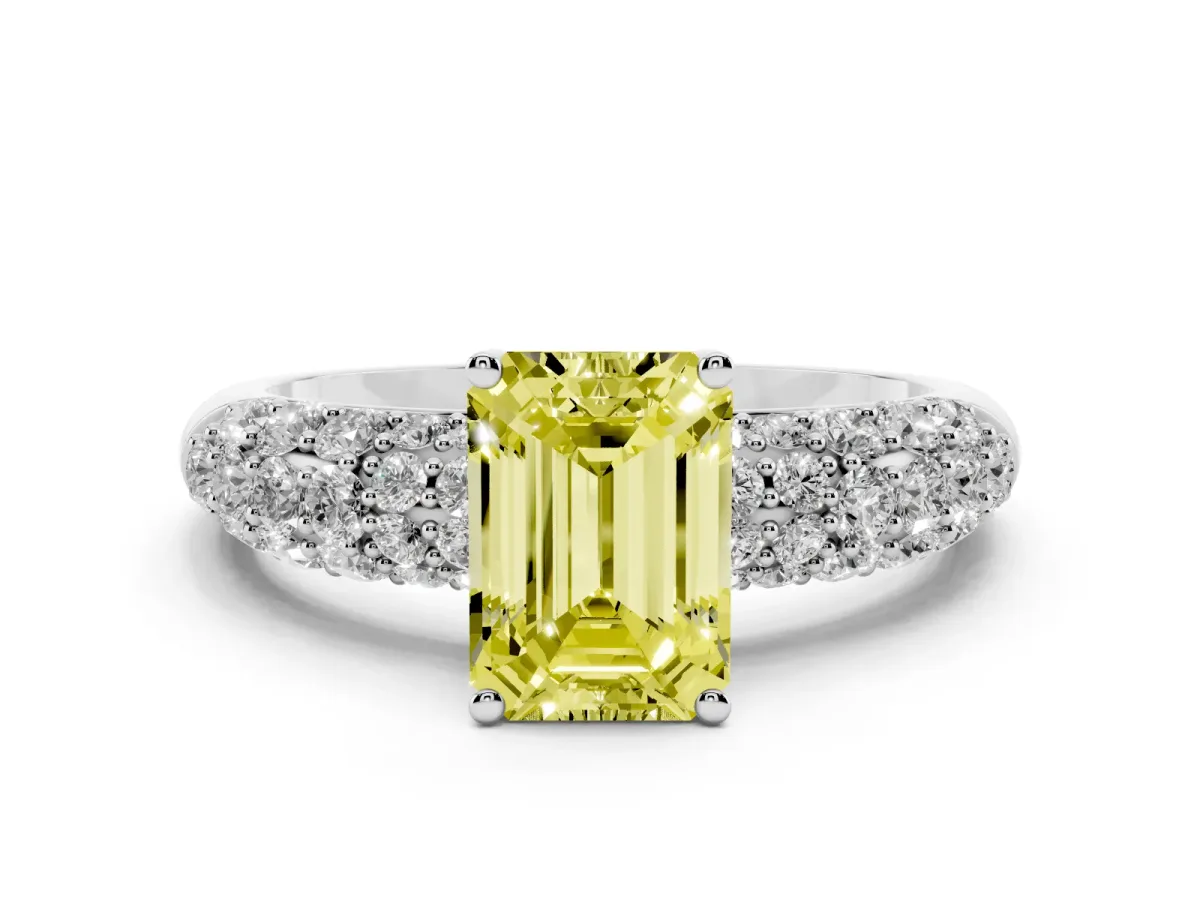 Fancy Yellow Emerald Cut Diamond Pavé Band Solitaire Ring with Four-Prong Setting White gold