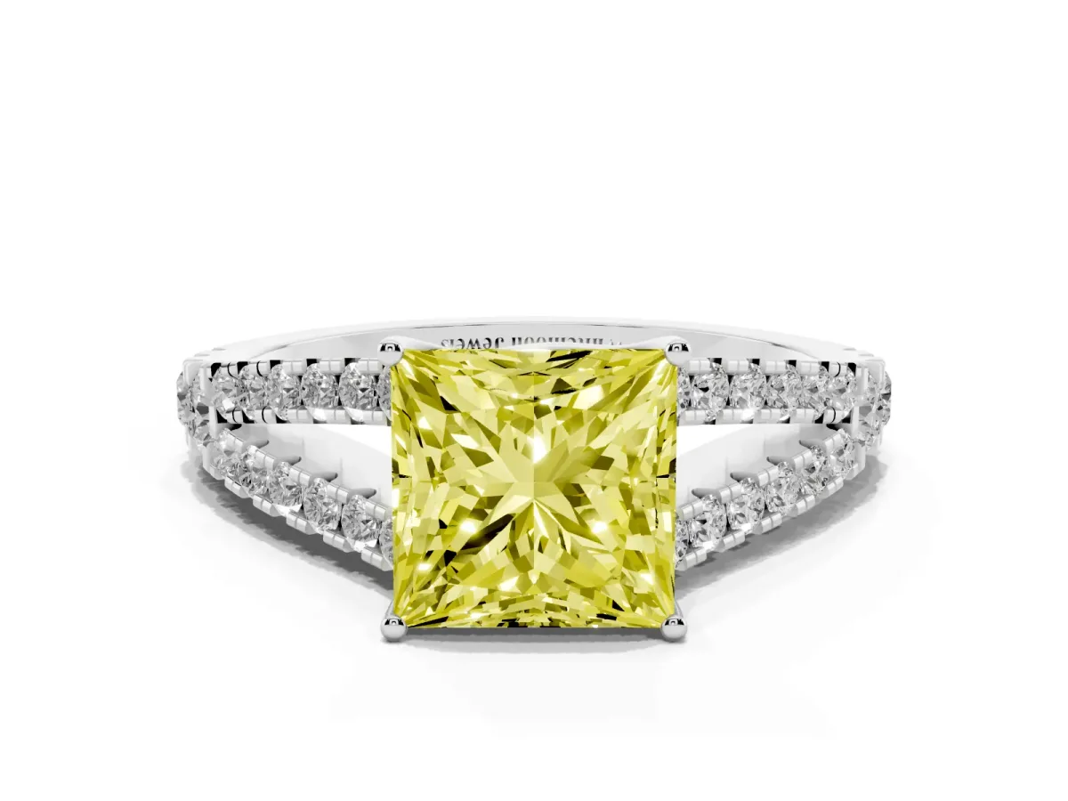 Fancy Yellow Princess Cut Diamond Split Shank Engagement Ring with Round Pavé and Prong Setting Silver