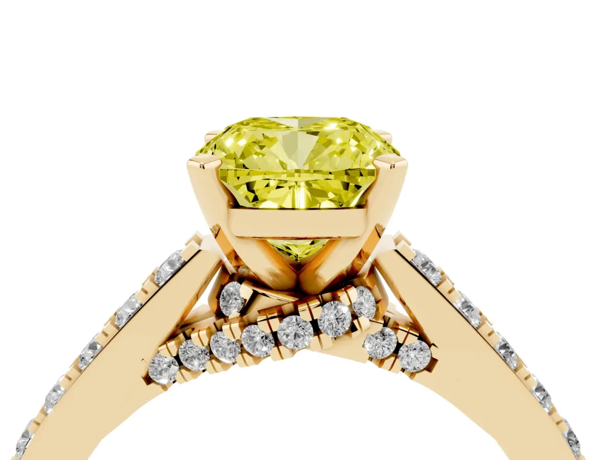 Fancy Yellow Cushion Cut Diamond Solitaire Ring with Crossover Gallery and Round Pavé Band Yellow gold