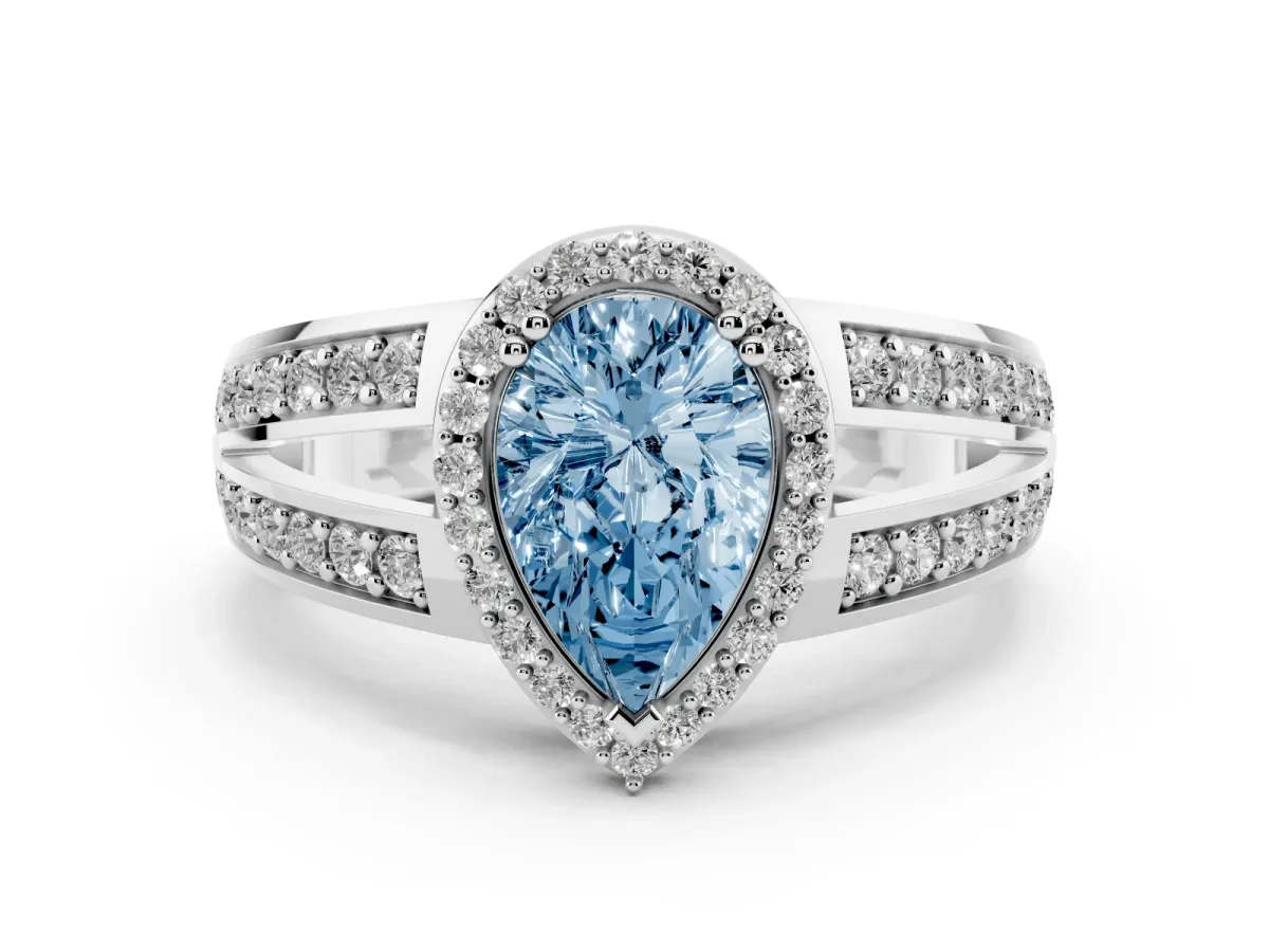 Fancy Blue Pear Cut Diamond Halo Ring with Split Shank Pavé Band and Four-Prong Setting White gold