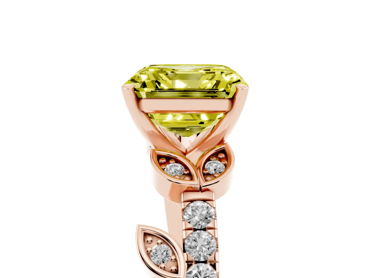 Fancy Yellow Asscher Cut Solitaire Leaf-Inspired Diamond Ring with Pavé Band and Four-Prong Setting Rose gold