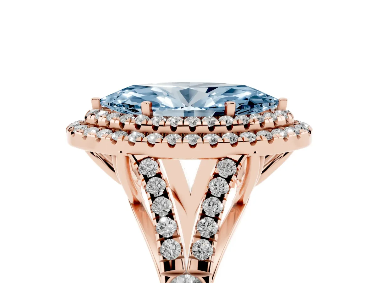 Fancy Blue Marquise Cut Diamond Pavé Split Shank Double Halo Engagement Ring Rose gold