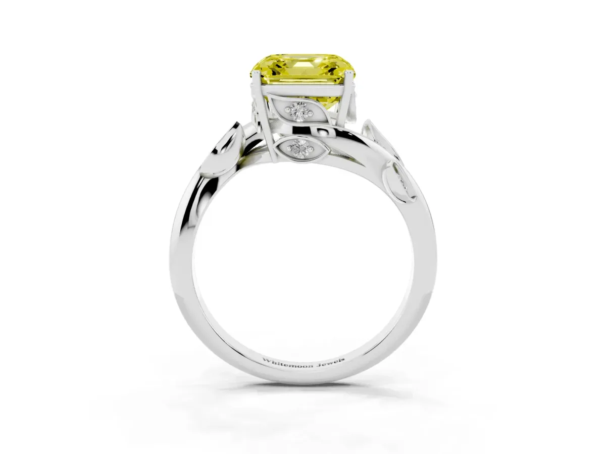 Fancy Yellow Asscher Cut Solitaire Twist Engagement Ring with Leaf Accents and Prong Setting Platinum