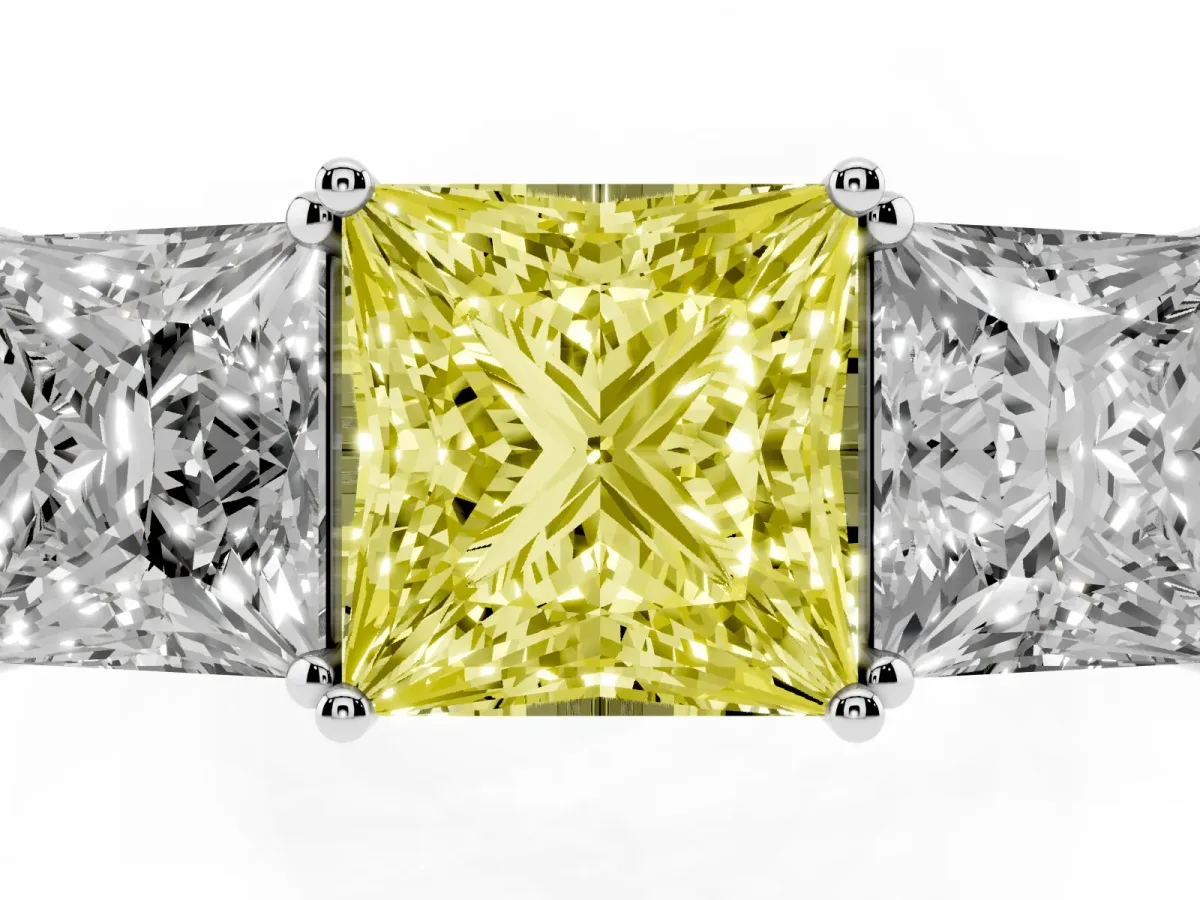 Fancy Yellow Princess Cut Diamond Three-Stone Ring with Prong Setting and Textured Band Silver