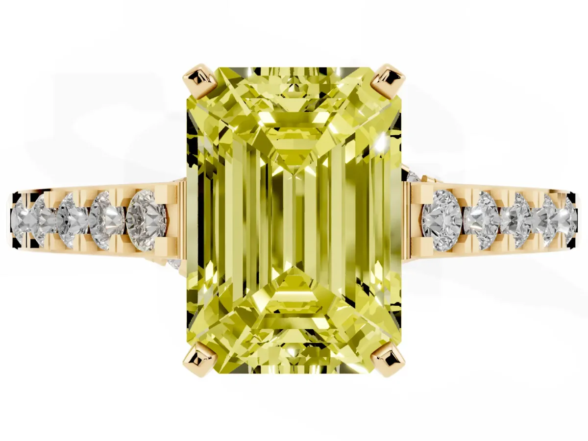 Fancy Yellow Emerald Cut Diamond Solitaire Ring with Crossover Gallery and Round Pavé Band Yellow gold