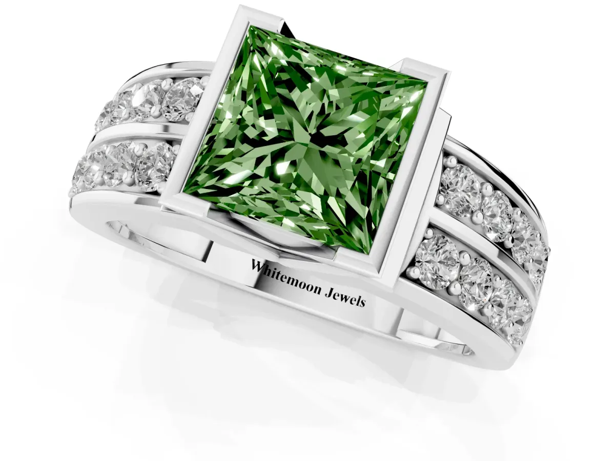 Fancy Green Princess Cut Brilliant Diamond Channel Set Wide Band Ring with Bezel Setting Silver