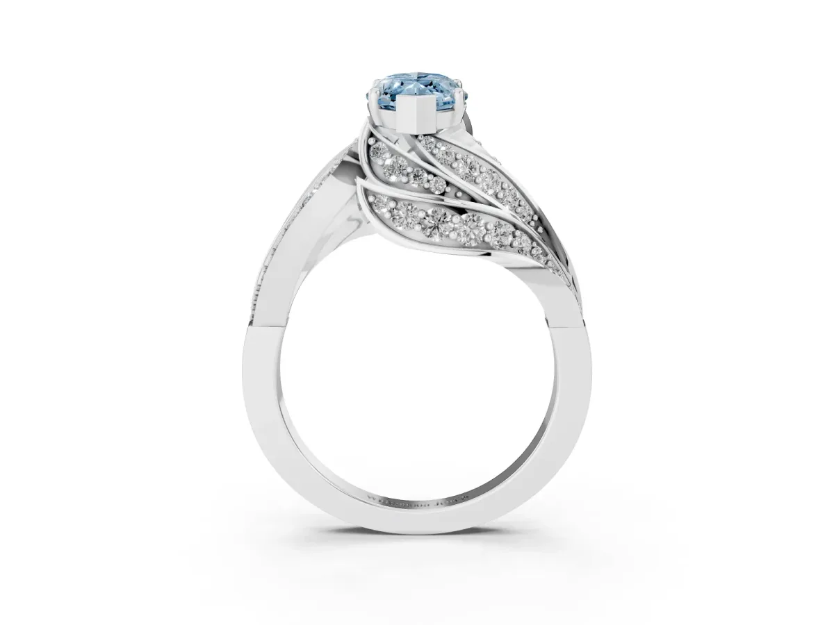 Fancy Blue Marquise Cut Diamond Solitaire Ring with Prong Setting and Twisted Pavé Band Silver