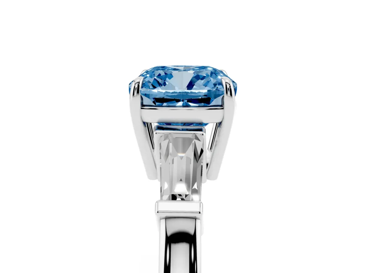 Fancy Blue Cushion Cut Diamond Three-Stone Ring with Tapered Baguette Side Stones and Prong Setting Silver