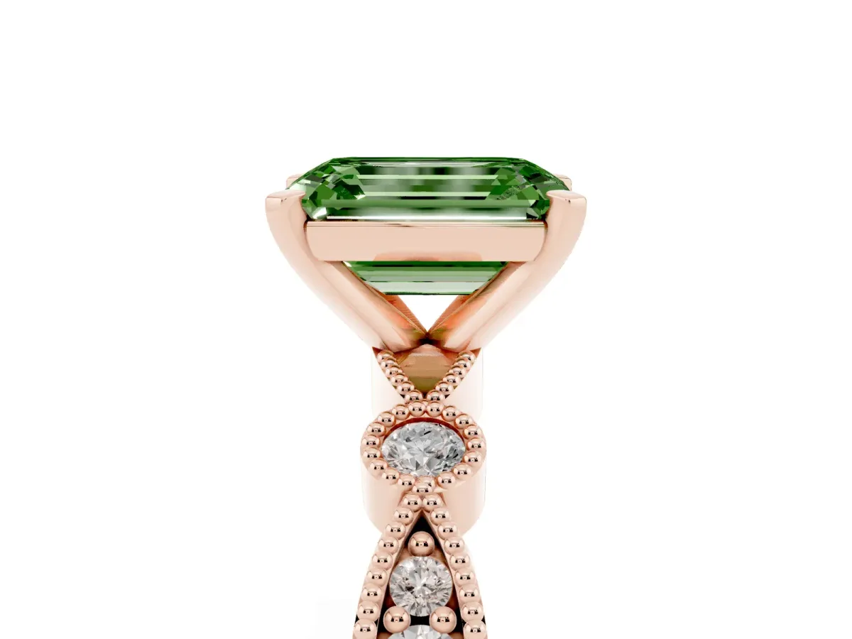 Fancy Green Emerald Cut Milgrain Bezel Diamond Engagement Ring with Solitaire Prong Setting Rose gold