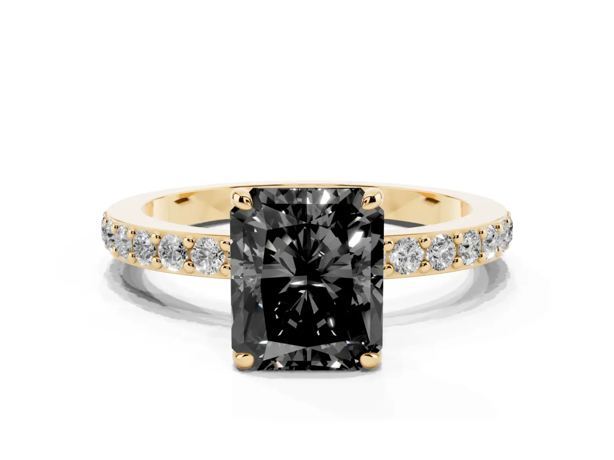 Fancy Black Radiant Cut Diamond Pavé Engagement Ring with Round Accents and Prong Setting Yellow gold