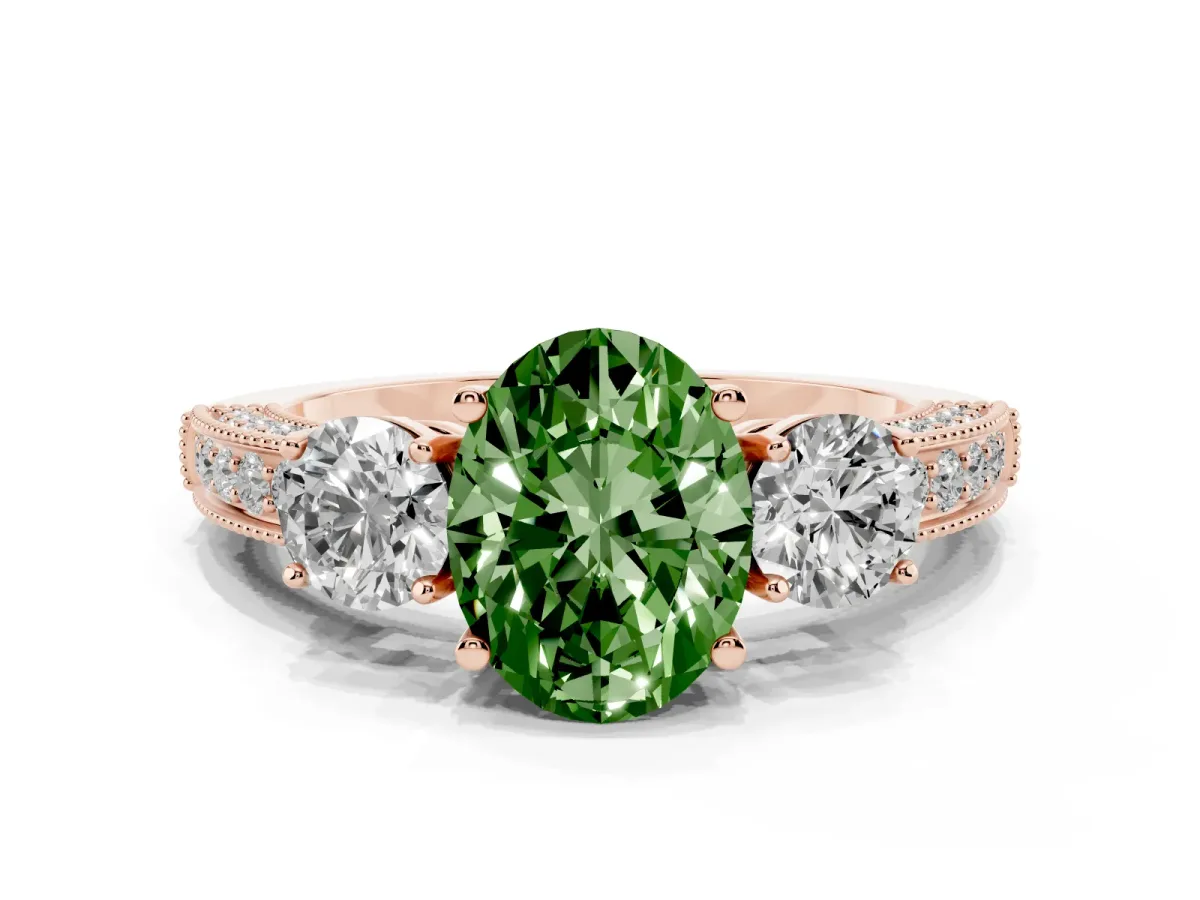 Fancy Green Oval Cut Three-Stone Diamond Ring with Pavé Band and Four-Prong Setting Rose gold