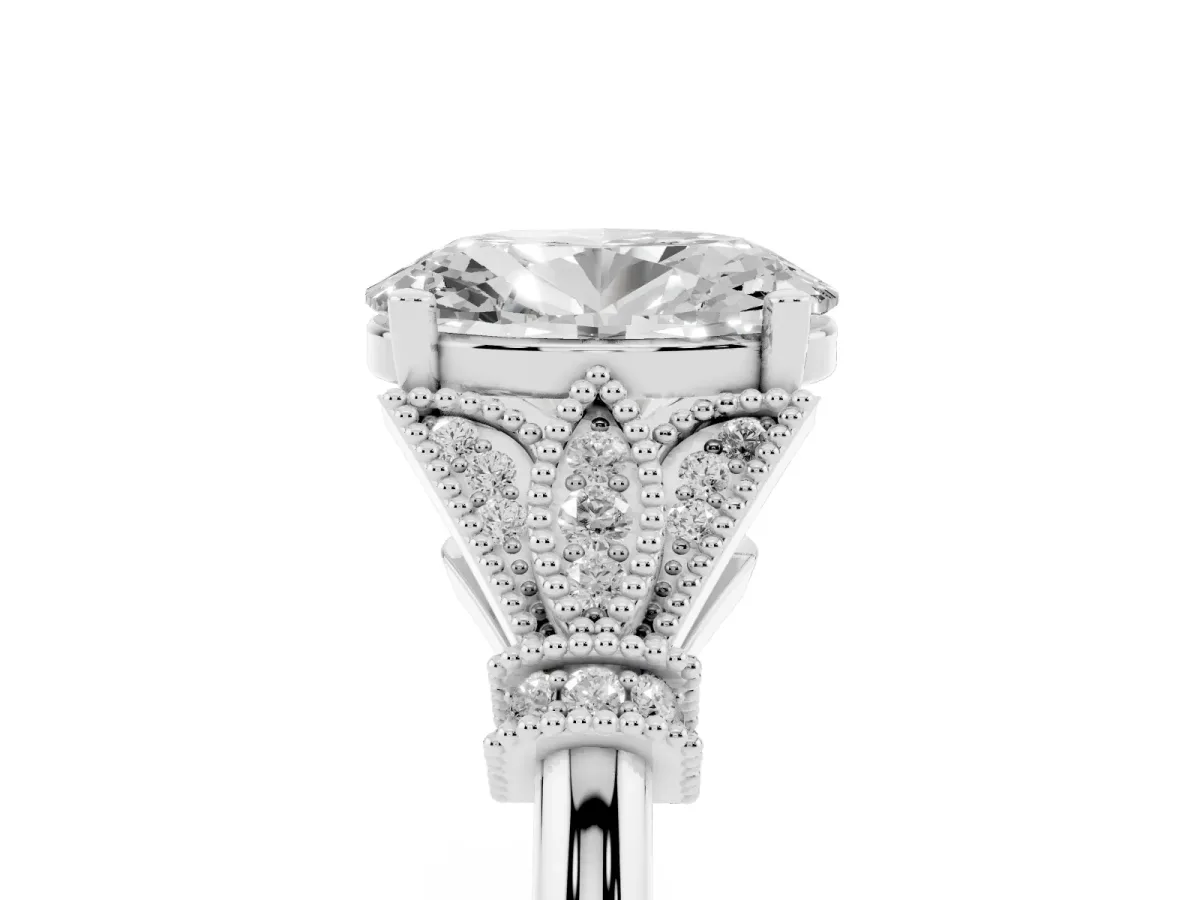 Oval Cut Diamond Solitaire Ring with Floral Filigree and Pave Accents Silver