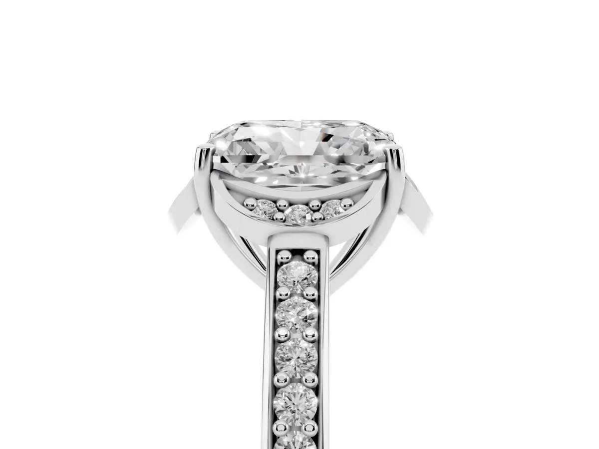 Radiant Cut Cut Halo Diamond Ring with Channel Set Band and Four-Prong Setting White gold