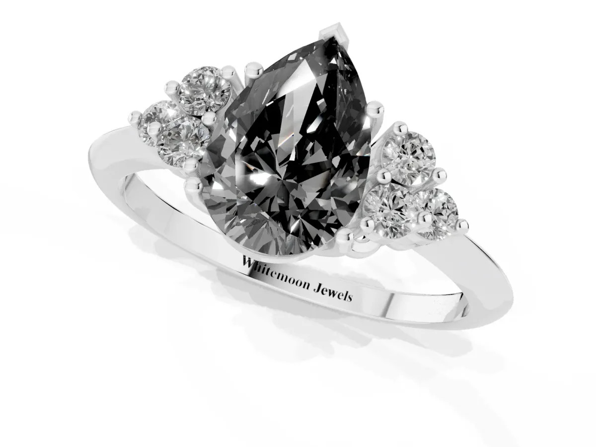 Fancy Black Pear Cut Cut Diamond Cluster Ring with Solitaire Band and Four-Prong Setting Platinum