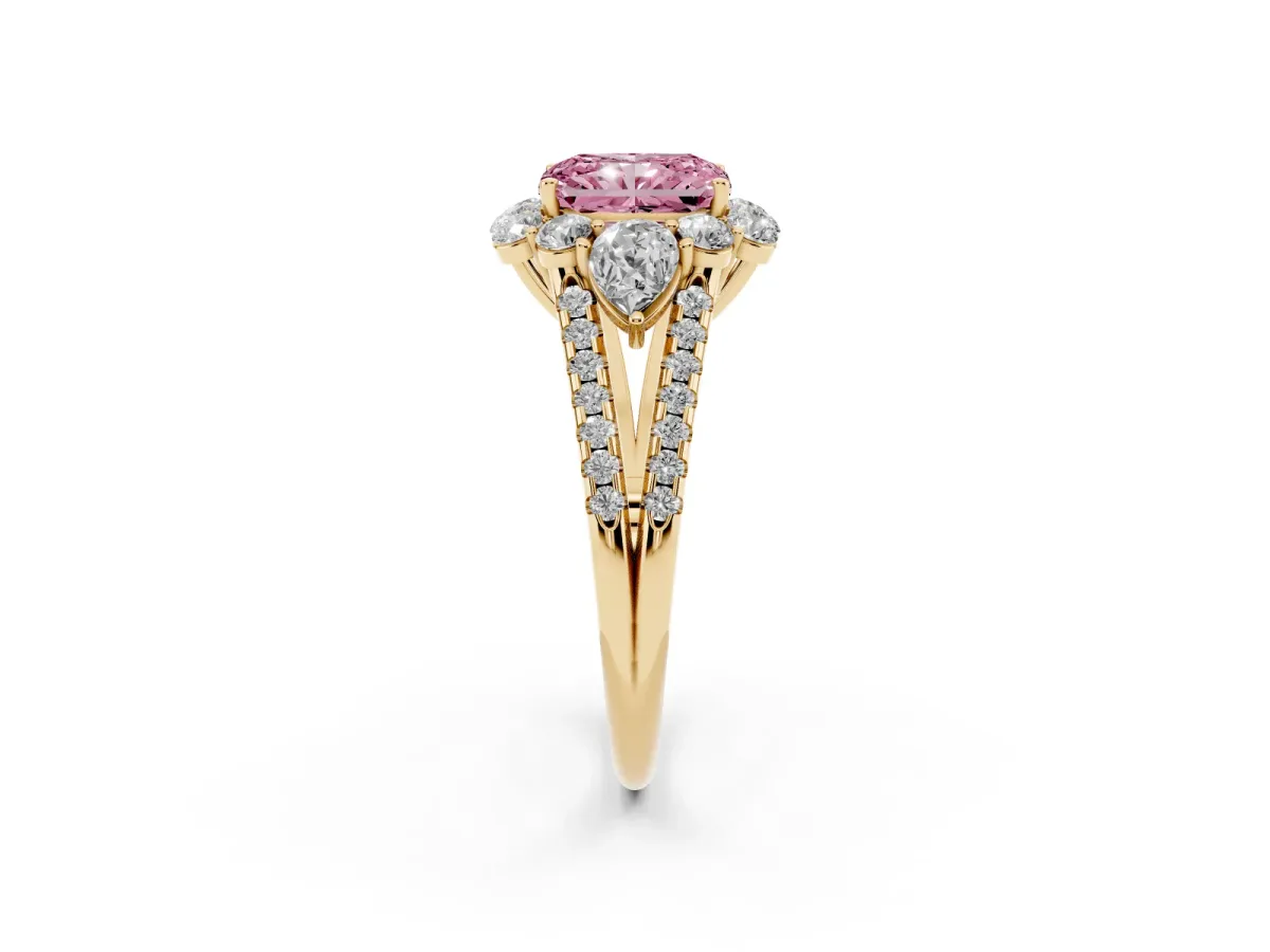Fancy Pink Radiant Cut Halo Split Shank Diamond Engagement Ring with Prong Setting Yellow gold