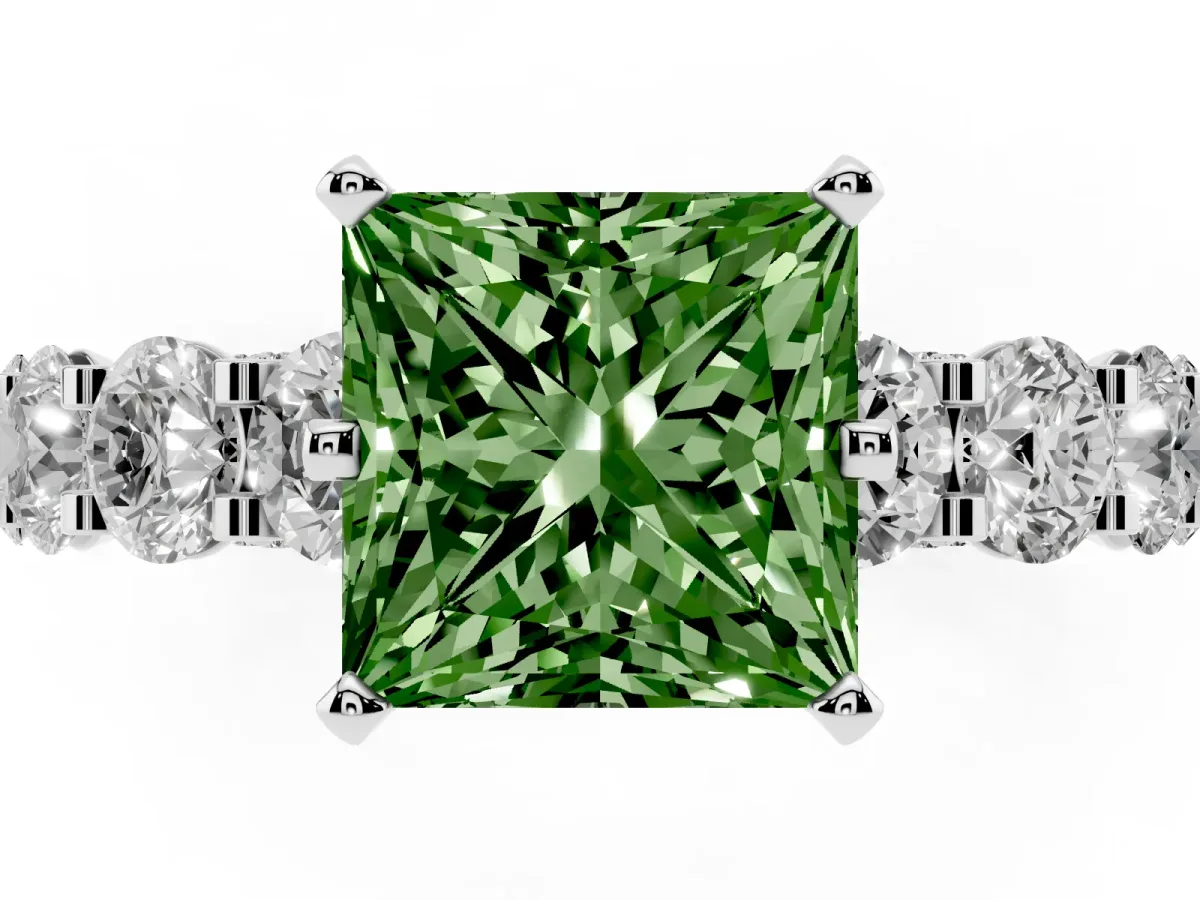 Fancy Green Princess Cut Diamond Side Stone Engagement Ring with Four-Prong Setting Silver