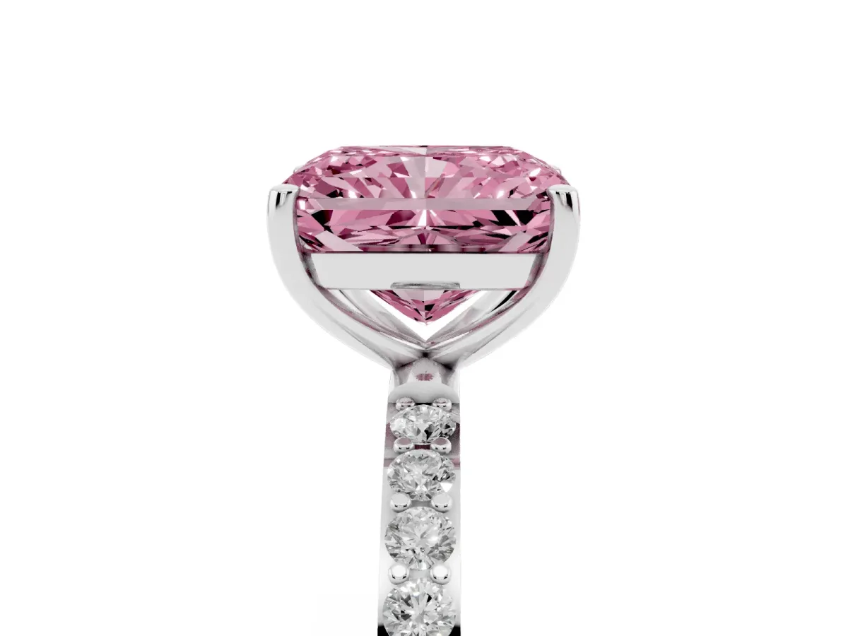 Fancy Pink Radiant Cut Diamond Solitaire Ring with Round Pavé Shoulders and Prong Setting Silver