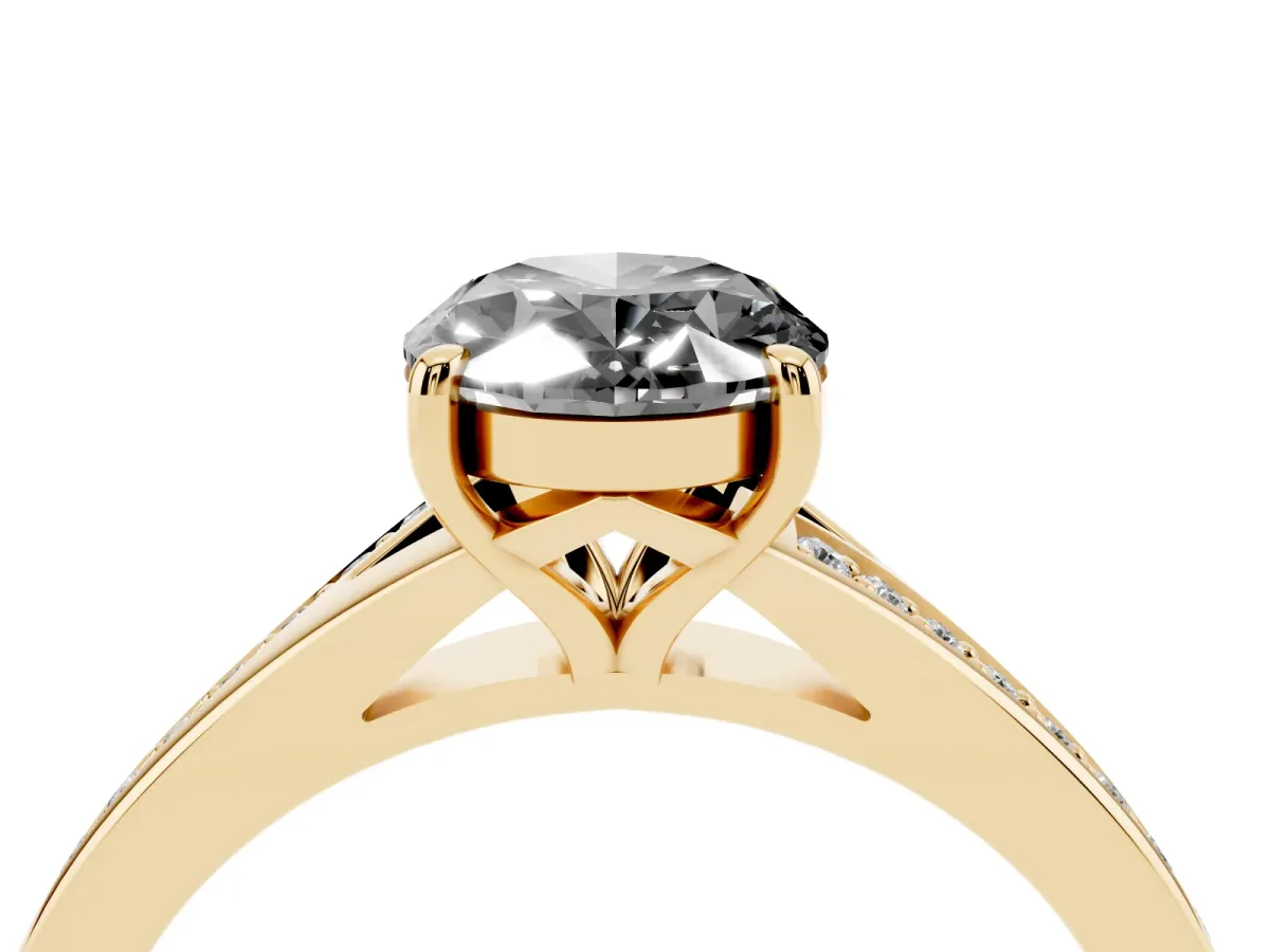 Fancy Black Oval Cut Diamond Solitaire Ring with Pavé Band and Prong Setting Yellow gold