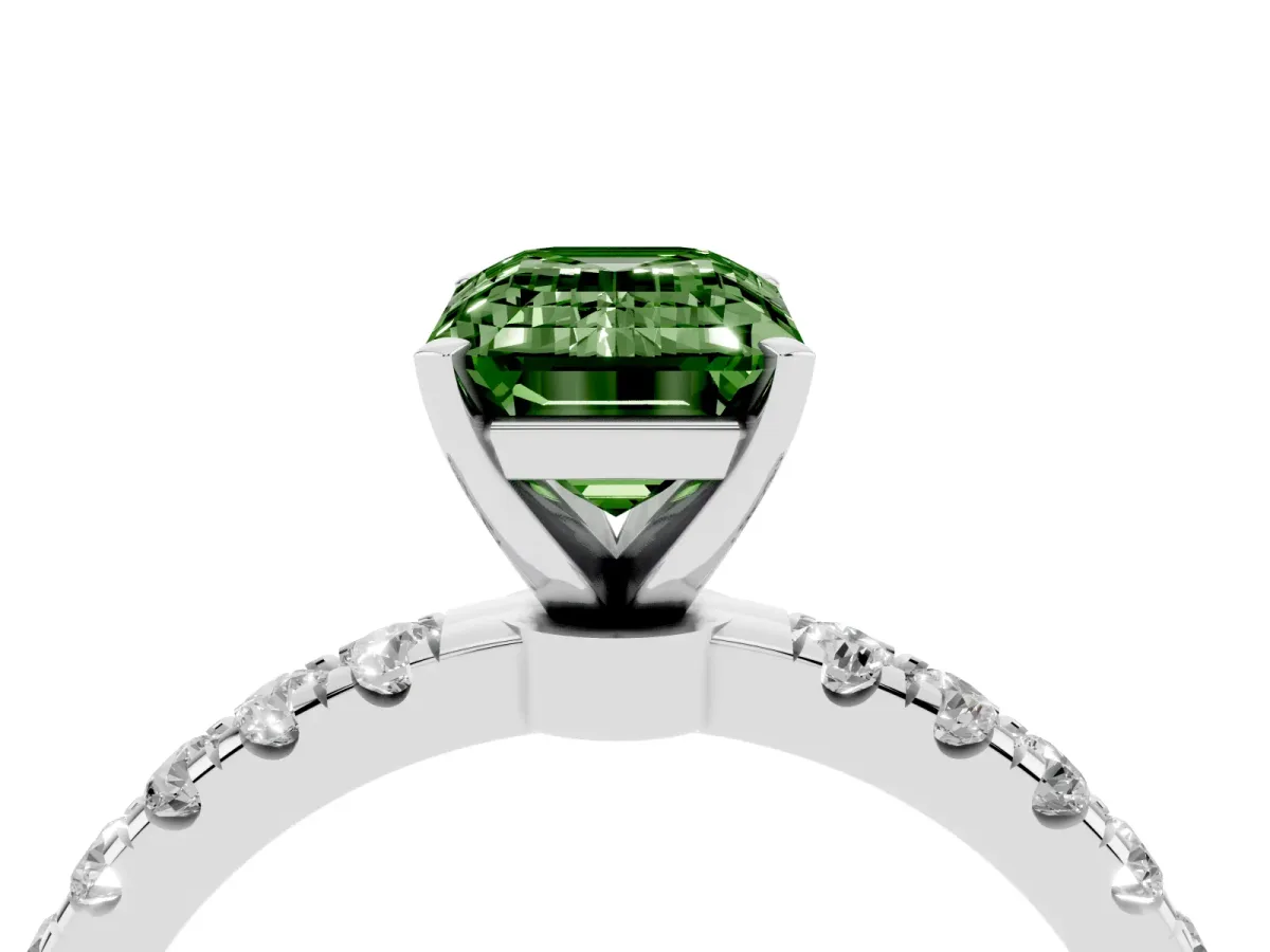 Fancy Green Emerald Cut Diamond Solitaire Ring with Pavé Accents and Four-Prong Setting Silver