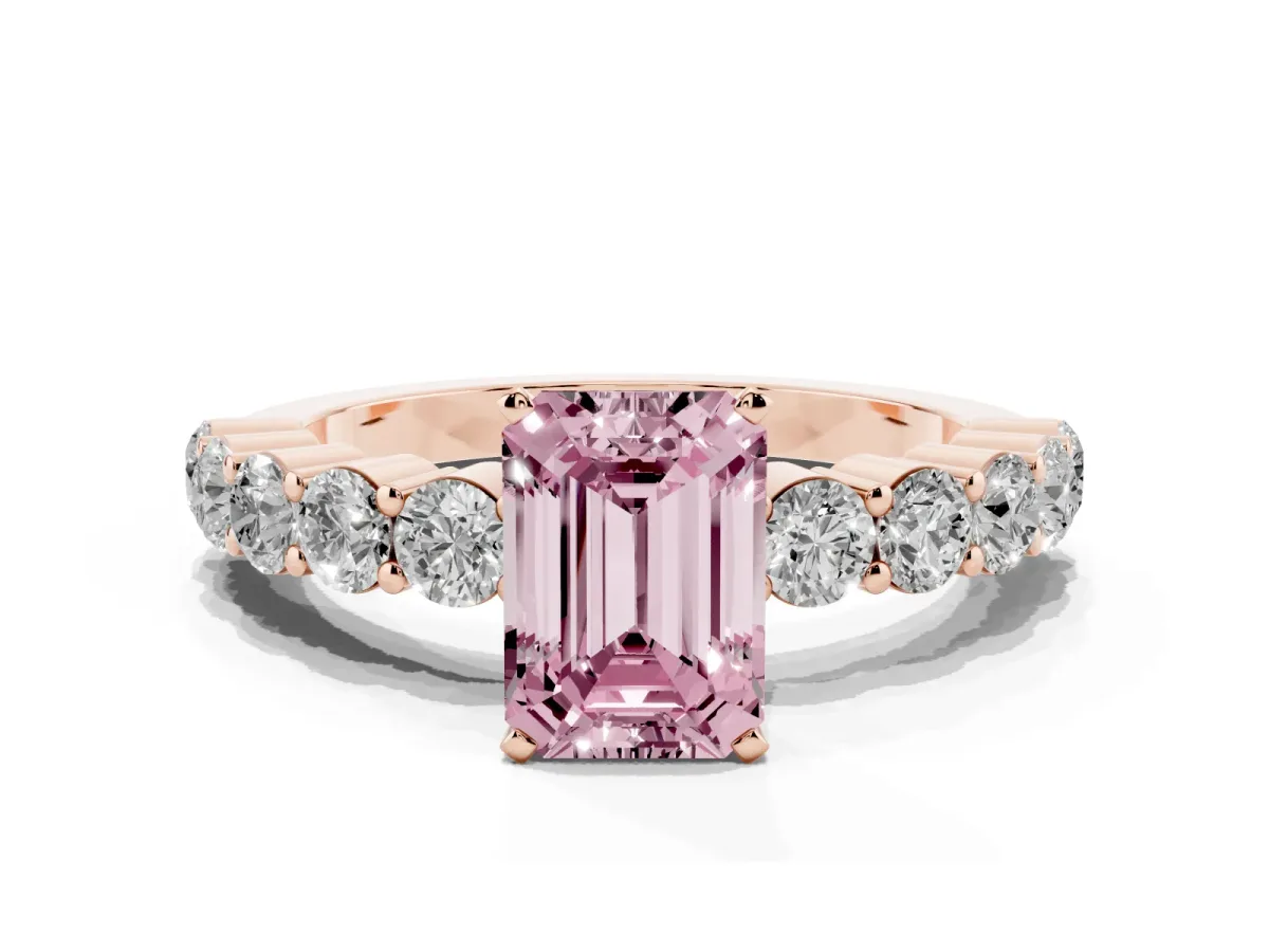 Fancy Pink Emerald Cut Diamond Solitaire Ring with Shared Prong Round Side Stones Rose gold