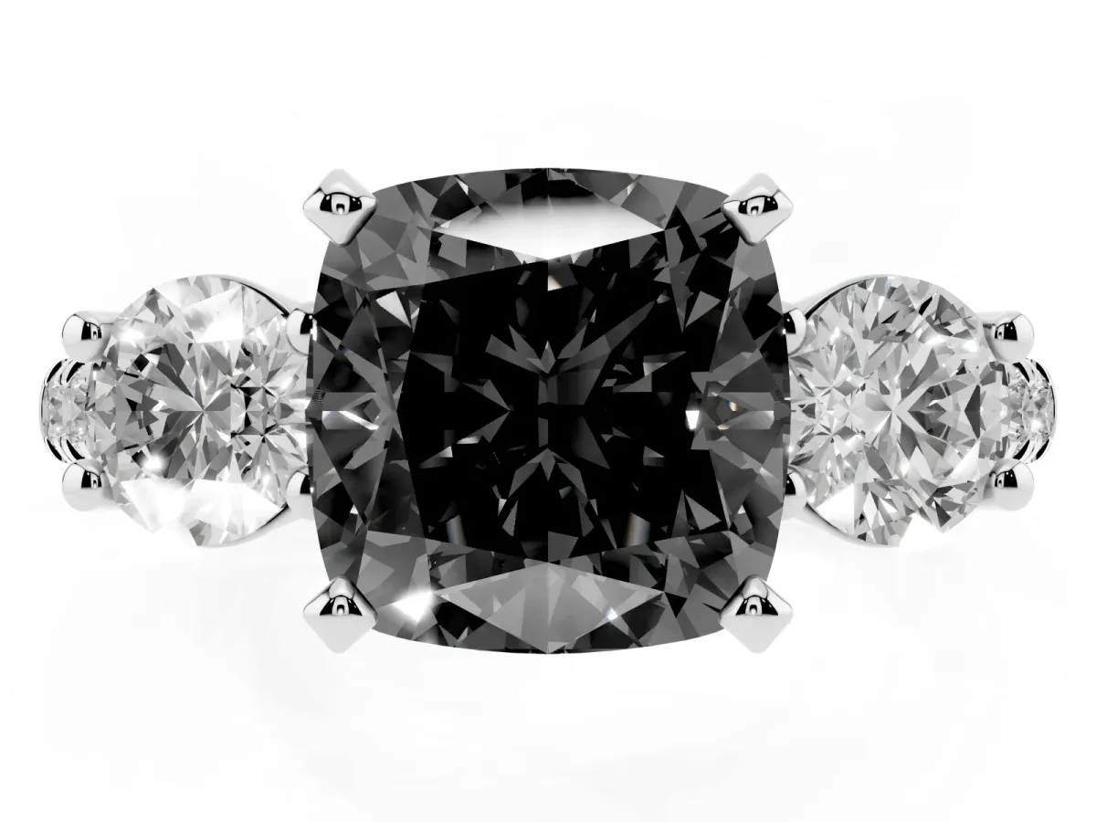 Fancy Black Three-Stone Cushion Cut Diamond Pavé Band with Four-Prong Setting Platinum