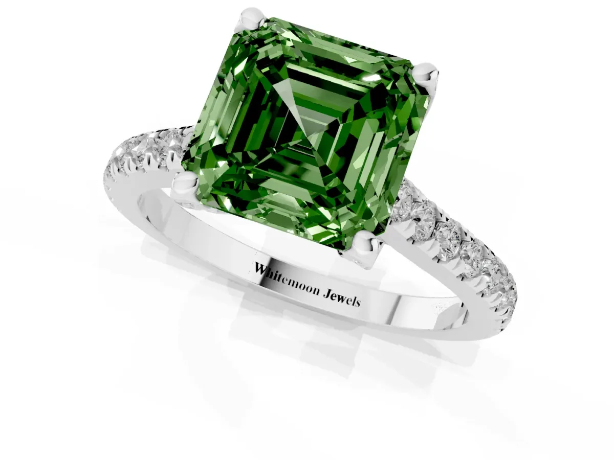 Fancy Green Asscher Cut Brilliant Diamond Solitaire with Pavé Band and Four-Prong Setting Silver