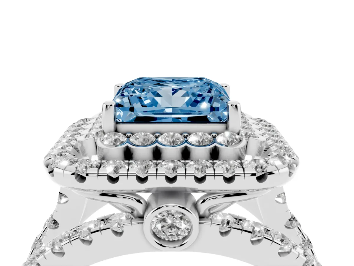 Fancy Blue Princess Cut Diamond Double Halo Ring with Round Pavé Split Shank and Prong Setting Silver