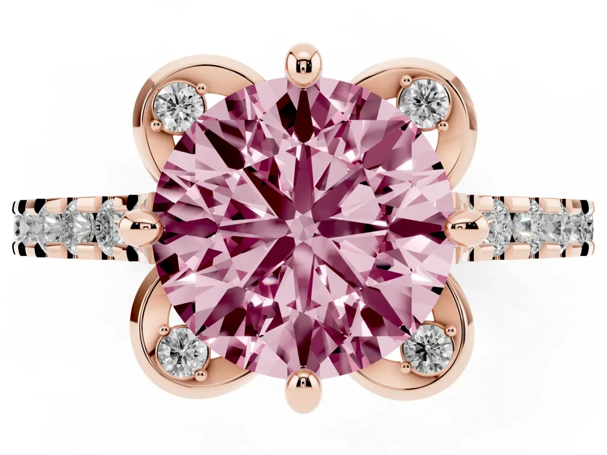 Fancy Pink Round Cut Diamond Ring with Pavé Band and Floral Prong Setting Rose gold