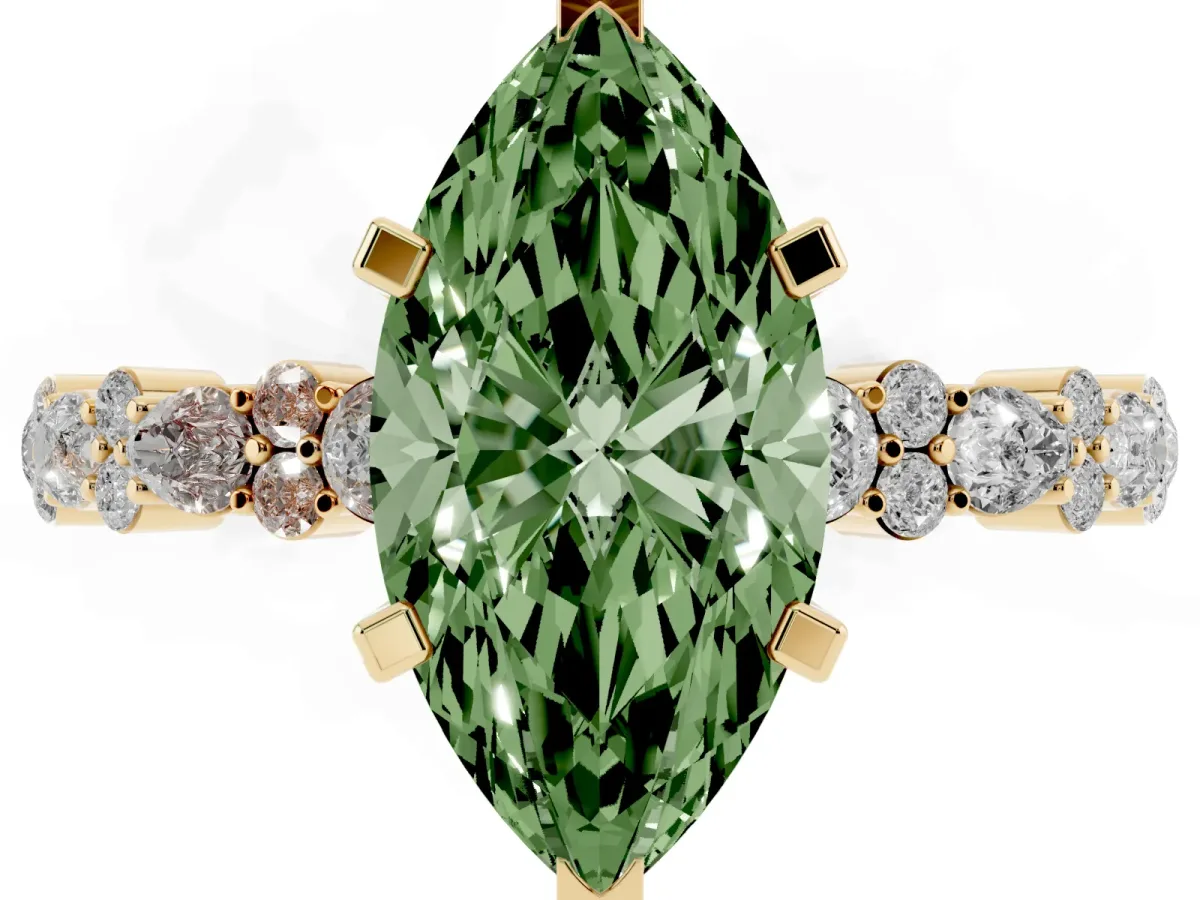 Fancy Green Marquise Cut Diamond Side Stone Solitaire Ring with Round and Four-Prong Setting Yellow gold